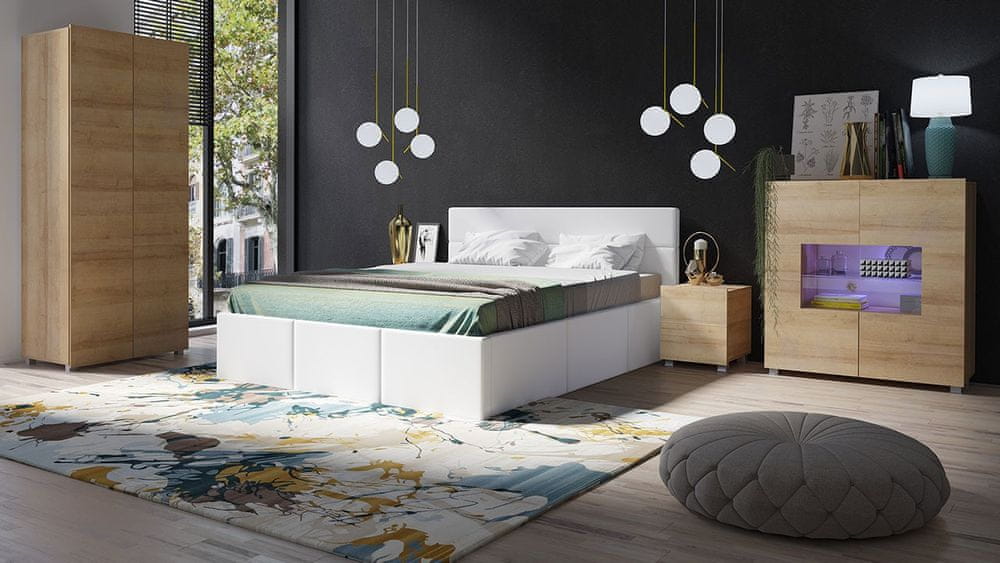 Veneti Spálňová zostava s posteľou 160x200 cm CHEMUNG - dub zlatý / biela ekokoža